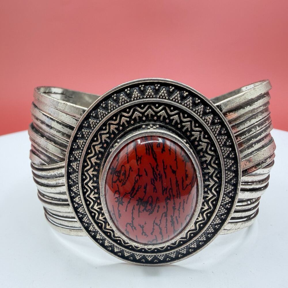 Silver Tone Red Oval Cabochon Wide Cuff Bracelet Boho Tribal Statement Vintage